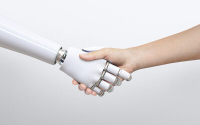 Robot handshake human background, artificial intelligence digita